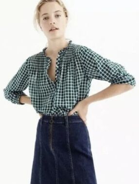 J.Crew Green Gingham Check Popover Blouse